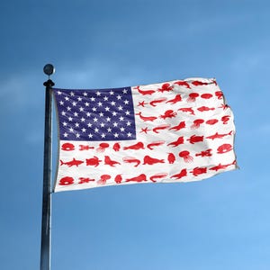 Bandeira americana com listras de animais marinhos, 90 cm x 1,5 m - 100% poliéster, ilhós de latão, para áreas internas e externas, faixa dupla ou simples