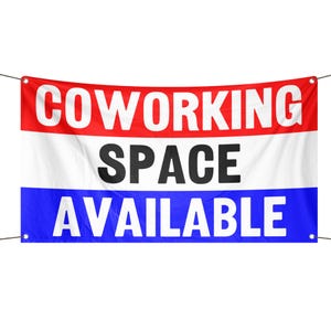 Banner para espaço de coworking disponível 3 x 5 pés - 100% poliéster, ilhós de latão, interno e externo, banner de dupla ou única face