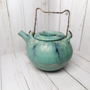 VTG Art Pottery Drip Glaze Stoneware Tea Pot Metal Handle Crystalline Lid Signed