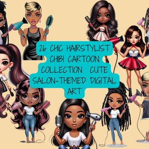 Chic Hairstylist Chibi Cartoon: Salon-Themed Art (Digital Download)