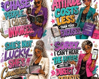 Boss Lady Motivational PNG Bundle | 4 Feminine Entrepreneur Designs | Black Woman Business Graphics | DTF Transfer Design