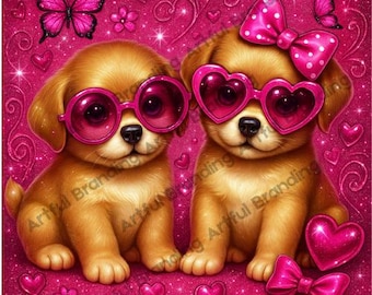 Paquete de imágenes prediseñadas digitales "Mejores Cachorros": 4 diseños PNG / San Valentín, decoración infantil, gráficos de perros adorables, arte rosa kawaii, sublimación