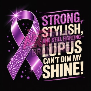 Diseño de camiseta para concientizar sobre el lupus: "Fuerte, elegante y aún en lucha" con un lazo morado brillante.