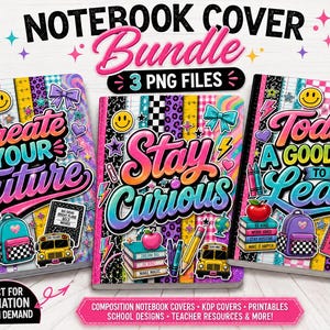 Composition Notebook Cover Bundle | 3 PNG School Covers | Y2K Retro Composition Covers | Printable Journal Covers | KDP Cover Art