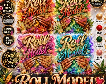 Paquete de PNG de modelos de rollo / 4 diseños de cannabis / Listo para DTF / Diseño de camiseta 420 / PNG para sublimación / Fondo transparente / Bad & Boujee Graphics