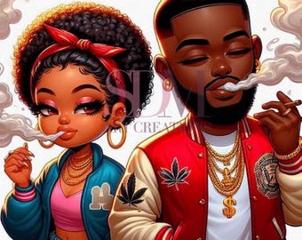 Arte de pareja chibi inspirado en el 420: dibujado a mano con chaquetas a juego y un toque ahumado.