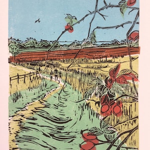 British countryside art, countryside lino print, Rutland countryside print, linocut, handprinted, fields and hedgerow lino print original