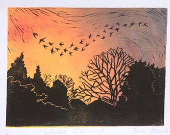 Twilight Starlings, starling murmuration art print, sky and birds linoprint, handprinted, original linocut