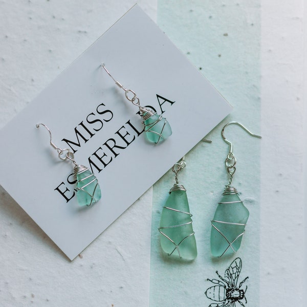 Cornish Sea Glass Sterling Silver Earrings / Handmade jewellery from Cornwall Frosted seafoam aqua / Wire-wrapped / sea glass jewellery uk