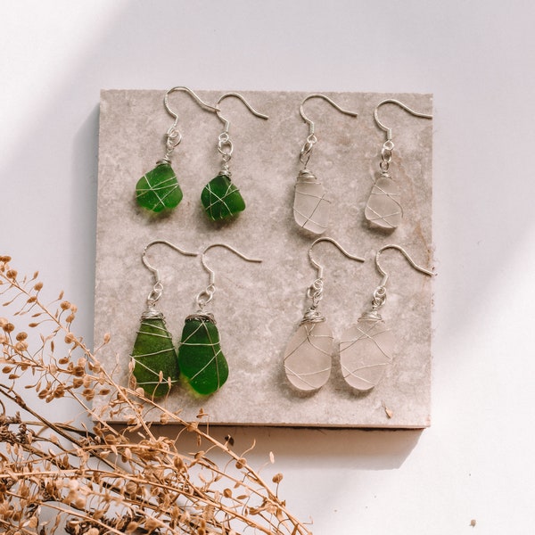 Cornish Sea Glass Sterling Silver Earrings / Handmade jewelry from Cornwall Frosted white & Green Wire-wrapped / sea glass jewellery uk