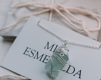 Cornish Sea Glass Silver Necklace  / Handmade jewelry from Cornwall / Frosted Seafoam Wire-wrapped / silver sea glass jewellery uk / gift