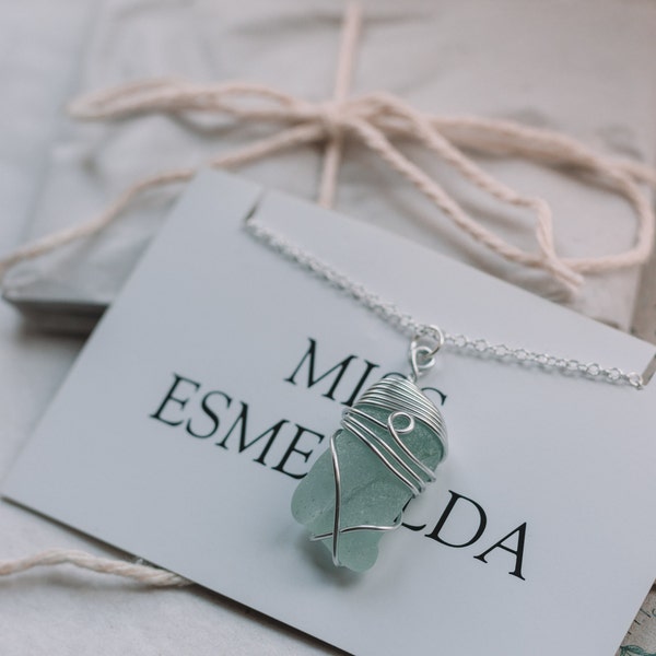 Cornish Sea Glass Silver Necklace  / Handmade jewelry from Cornwall / Frosted Seafoam Wire-wrapped / silver sea glass jewellery uk / gift