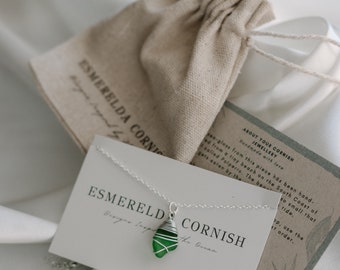 Small Cornish Green Sea Glass Silver Necklace  / Dainty Handmade jewelry / Wire-wrapped / silver sea glass jewellery uk / recycled Cornwall