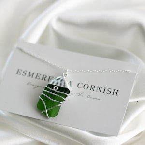 Cornish Sea Glass Silver Necklace  / Handmade jewelry from Cornwall / Frosted Green Wire-wrapped / silver sea glass jewellery uk / recycled