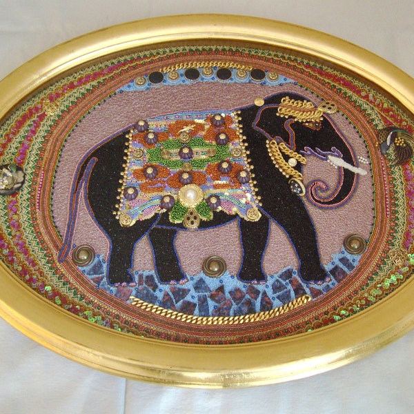 Asian Elephant - Embroidery - Lunéville Crochet - Mosaic - Silver Thread - Jet Beads