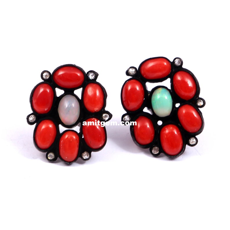 Handmade Antique 925 Sterling Silver Rose Cut Diamond Ethiopian Opal Coral Black Rhodium Stud Earring Women Fine Jewelry Wedding Gift