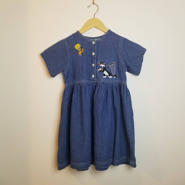 Acme Kids Vintage 1994 Denim Jumper Dress/ Tweety Bird, Silvester Cat Embroidered Denim Girls Fit and Flare Dress M