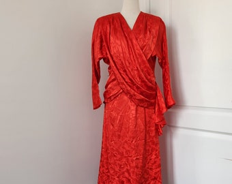 Vintage Silk Red Draped Front Long Sleeve Dress, Red Silk Leaf Embossed Pattern Knee Length Dress