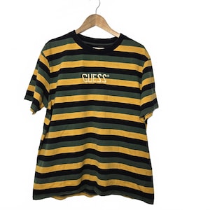 Vintage Guess Shirt Mens Large Green Yellow Striped Cotton Logo Short Sleeve Tee