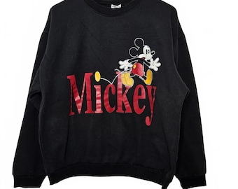 Sudadera vintage de Mickey Mouse para hombre, talla grande, negra y roja, cuello redondo, dibujos animados de Disney.