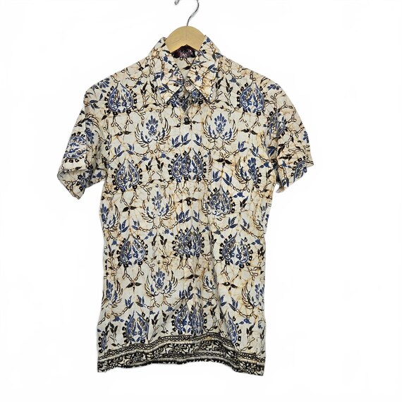 Vintage Batik Shirt Mens S Short Sleeve Button up Blue Beige Vintage Batik Shirt Mens S Short Sleeve Button up Blue Beige