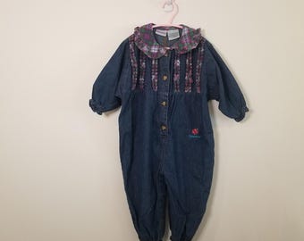Mono vaquero vintage Fisher Price de los años 90 con cuello de franela a cuadros morados, talla 24 meses