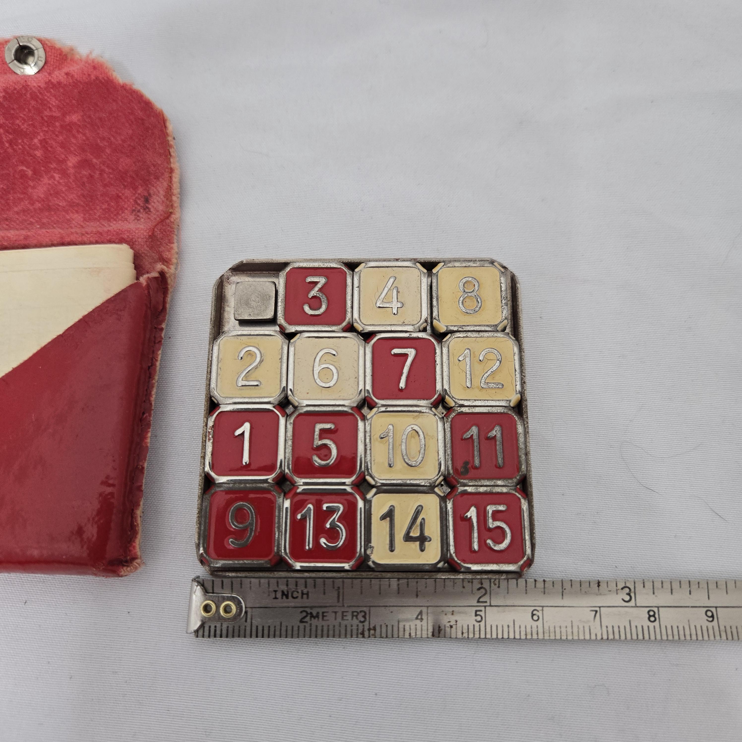 1933 Fifteen Puzzle Sliding Numbers Party Bridge Inc Red Yellow Metal ...