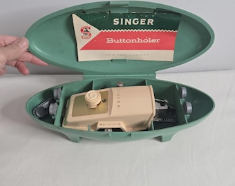 Vintage Singer Buttonholer Seafoam Green Atomic Case Sewing Attachment