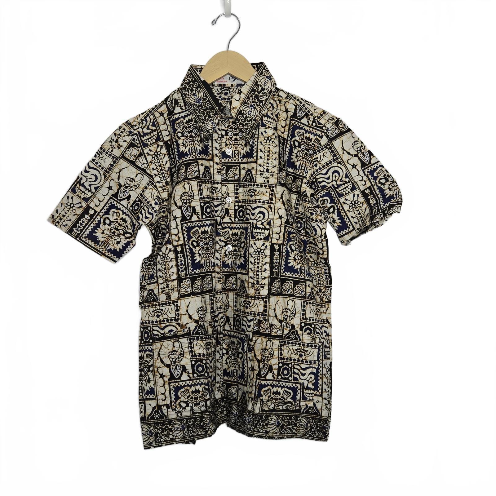 Vintage Batik Shirt Mens S Short Sleeve Button up Blue Brown Vintage Batik Shirt Mens S Short Sleeve Button up Blue Brown
