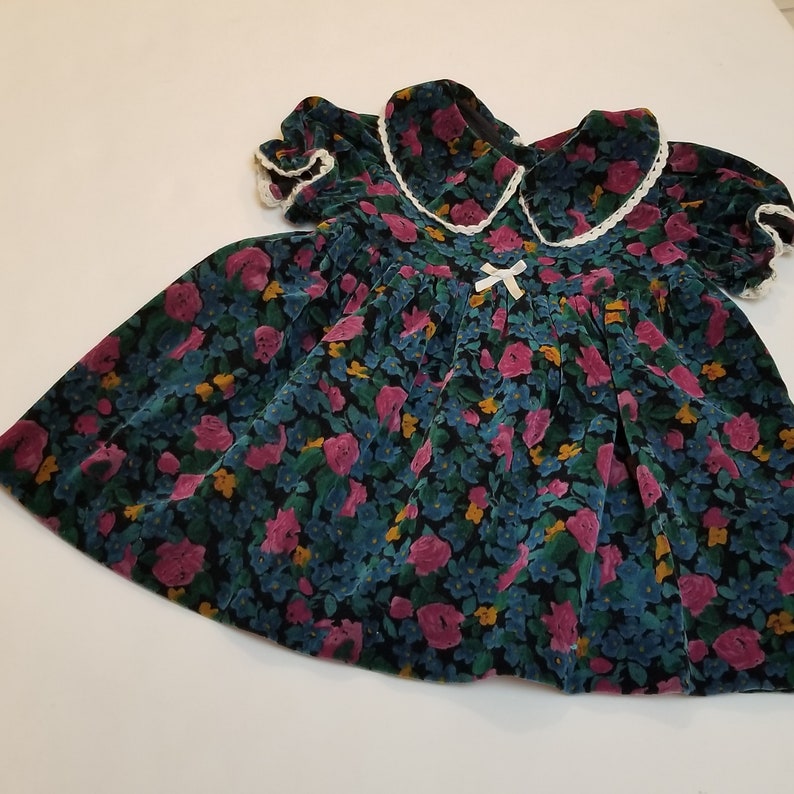 Vintage 100/% Cotton Velvet Floral Baby Dress Size 12 months Vintage Floral Roses Print Victorian Deep Green Teal Pink Party Dress