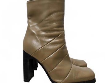 Y2K Aldo Booties Women's 38 Tan Leather Square Toe Thick Heel Vintage Boots Fall