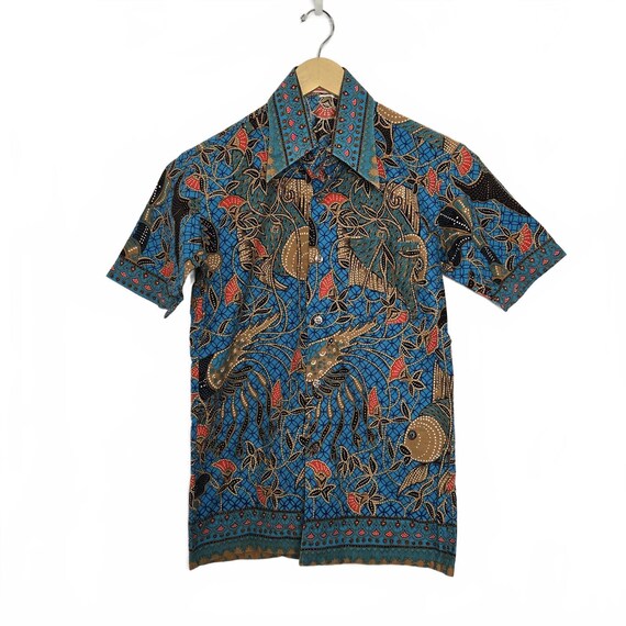 Vintage Batik Shirt Mens S Short Sleeve Button up Blue Vintage Batik Shirt Mens S Short Sleeve Button up Blue