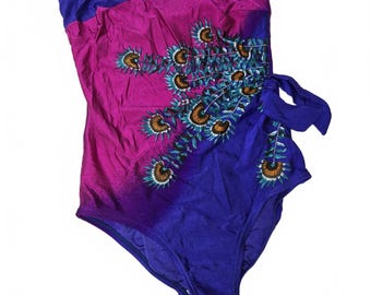 Traje de baño vintage de una pieza sin tirantes, años 60 y 70, para mujer, talla pequeña, pavo real