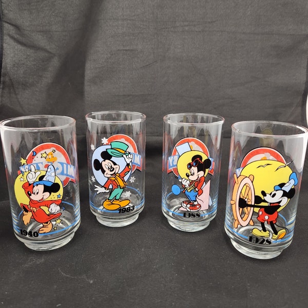 Mickey Mouse Through The Years Collectible Glasses, Set of 4 Glassware 1928, 1940,1983, 1988 Disney Glass