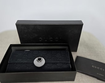 Cartera Gucci vintage de lona negra con monograma Eclipse, cartera larga continental con caja