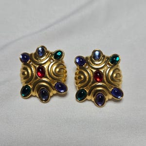 Vintage Oscar De La Renta Earrings Gold Swirl Pink Purple Green Blue Cabochon