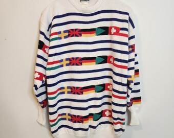 Pullover Knit Sweater With World Flags, Unisex Multicolor Print Sweater