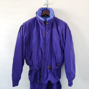 Tyrolia 80&#39;s/90&#39;s Ski Suit Purple Belted Jacket Size 12 Retro Matching Set Vintage Athletic Snowsuit 2 Piece