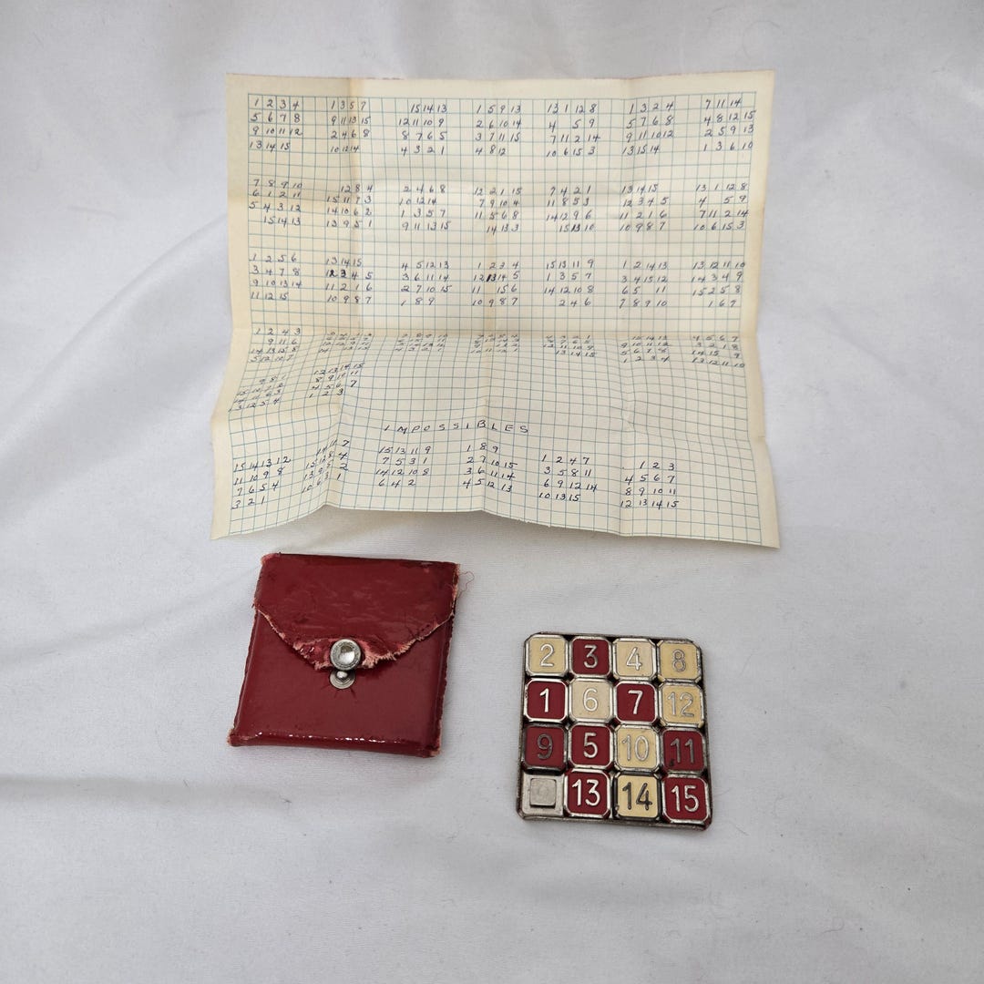1933 Fifteen Puzzle Sliding Numbers Party Bridge Inc Red Yellow Metal ...