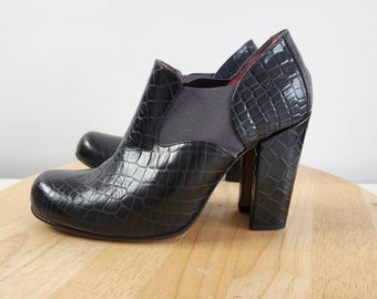 John Fluevog U Heel Melania Croc Embossed Elastic Ankle Slip On Heeled Booties 7