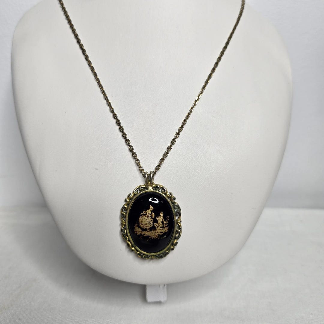 Vintage Limoges Porcelain Pendant Necklace Castel France Black Gold