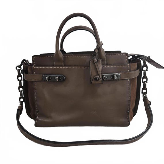 Coach Bag Double Swagger Brown Leather Suede Satchel 2 Way 