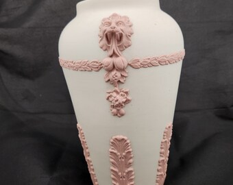 1920 Ecanada Pottery Emery Jasperware Pink White Vase, Lionhead Floral Design 10 inch Vase