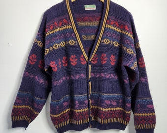 Vintage Wolsey Italy 80's 90's V Neck Cardigan Sweater Patterned Multi Color Medium