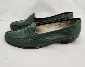 Vintage Bally Croc Embossed Green Leather Penny Loafers Size 39.5