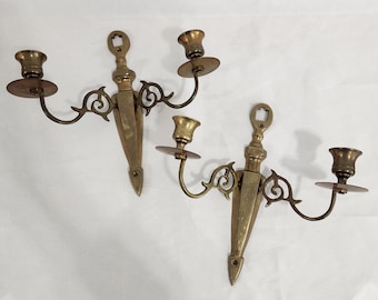 Set of 2 Brass Double Candlestick Wall Sconces/ Brass wall sconce 2 candleholder ornate classic design