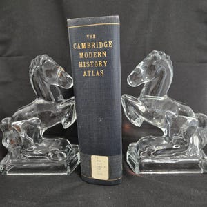 Vintage Pair MCM 40s L.E. Smith Clear Glass Rearing Horse Figure Bookend Set
