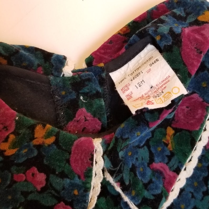 Vintage 100/% Cotton Velvet Floral Baby Dress Size 12 months Vintage Floral Roses Print Victorian Deep Green Teal Pink Party Dress