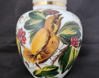 Vintage Hand Painted Ginger Jar Milk Glass Bird Berries Painting