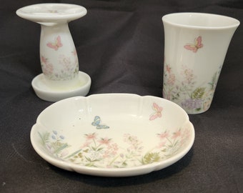 Shibata Japan 3 Piece Bathroom Set Floral Butterfly Design, Soap Dish, Tumbler, Toothbrush Holder